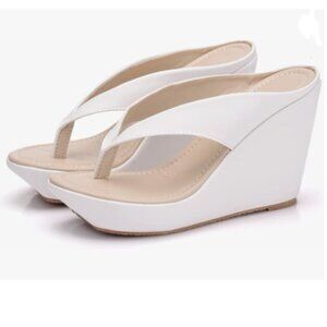 FSJ White Cute Platform Wedge Flowers Thong Flip Flop Rhinestone Pearl Sandal